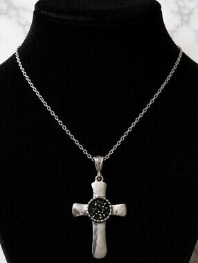 Noa Zuman 929 Sterling Silver Charcoal & Platinum Drusy Silver Cross Pendant Set